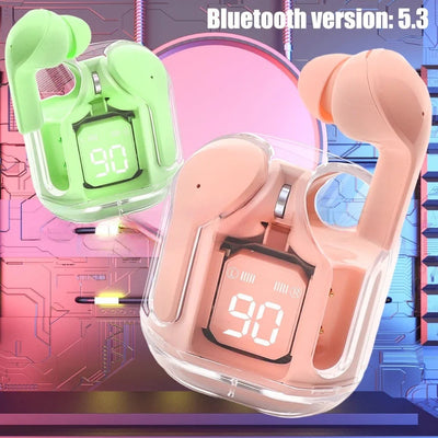 Transparent Wireless Bluetooth Waterproof Noise Cancelling LED Earbuds with Mic